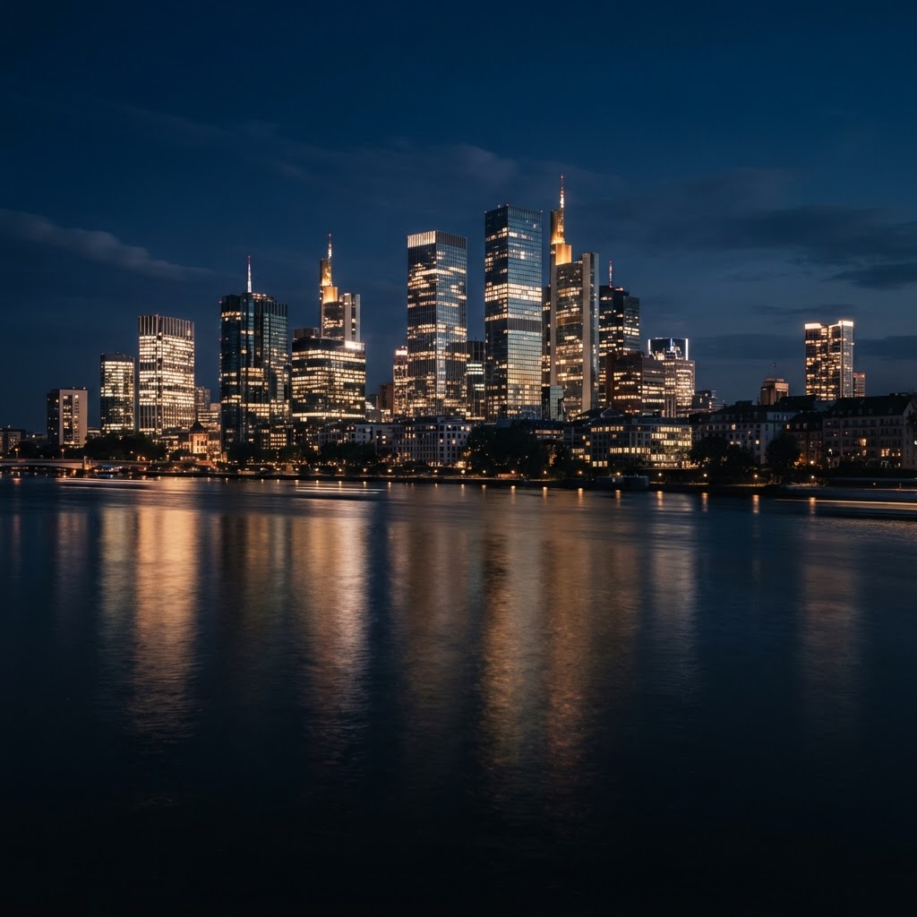 City skyline at night with illuminated modern glass high-rise buildings