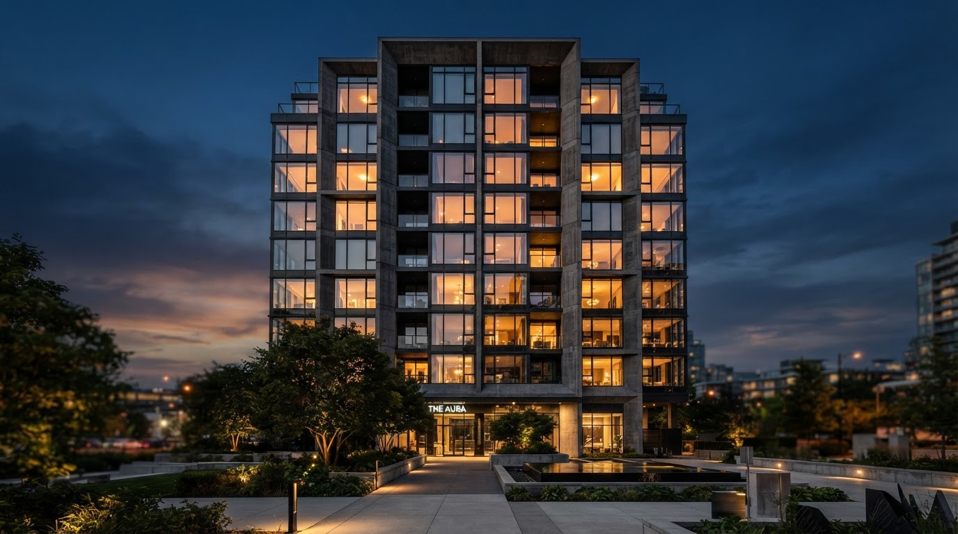 Modern luxury architectural building exterior at golden hour dusk
