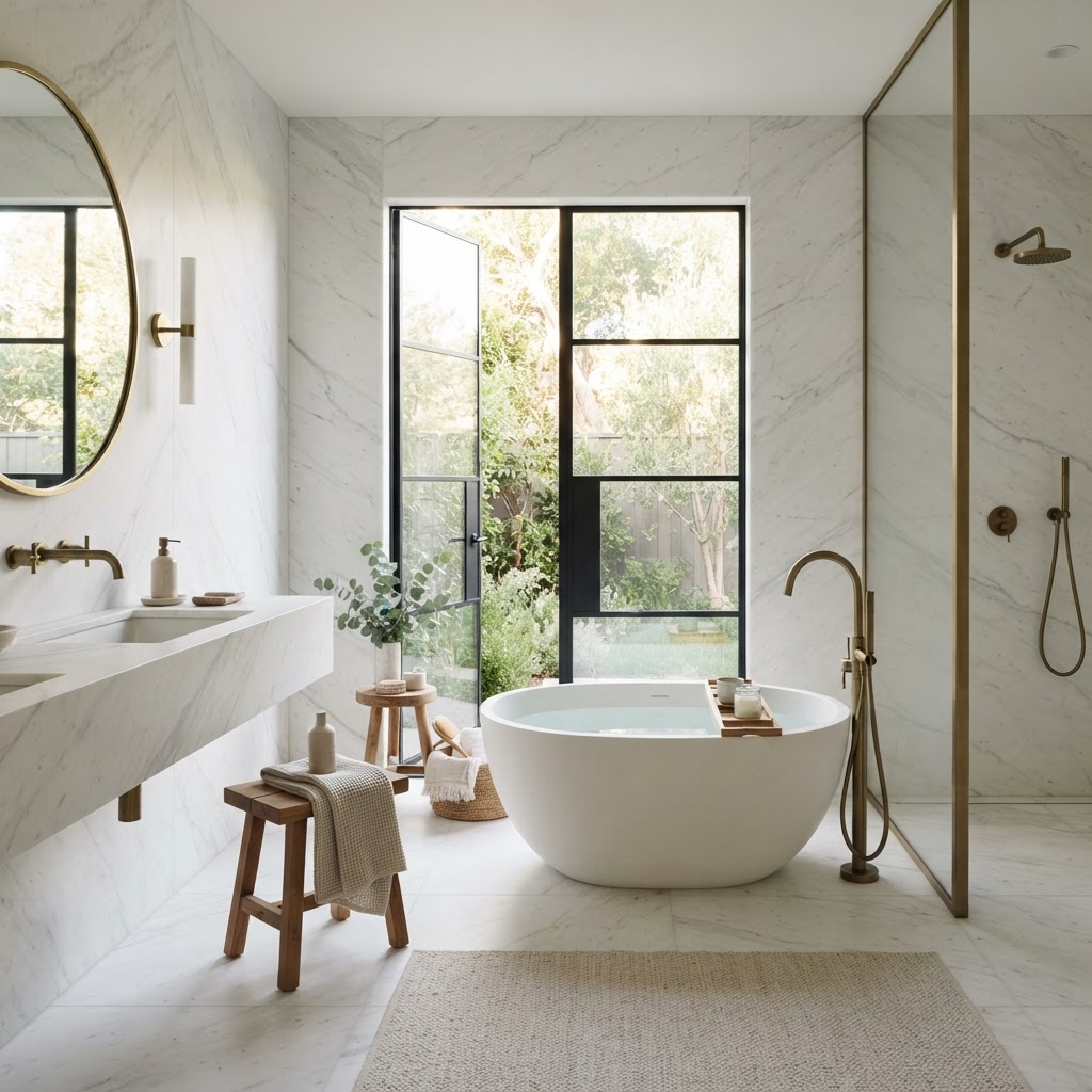 Spa-like luxury bathroom with freestanding soaking tub and marble walls