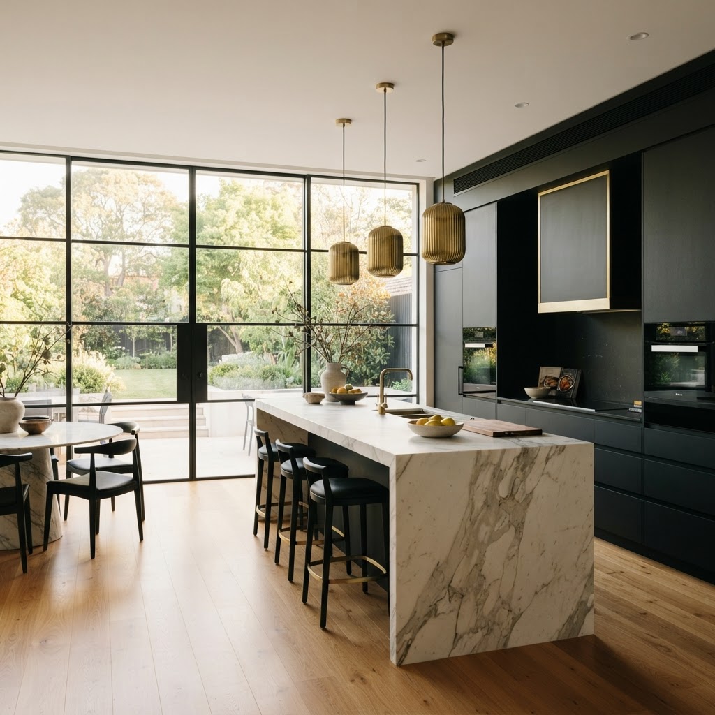 Sleek modern luxury kitchen with marble island and brass pendant lights