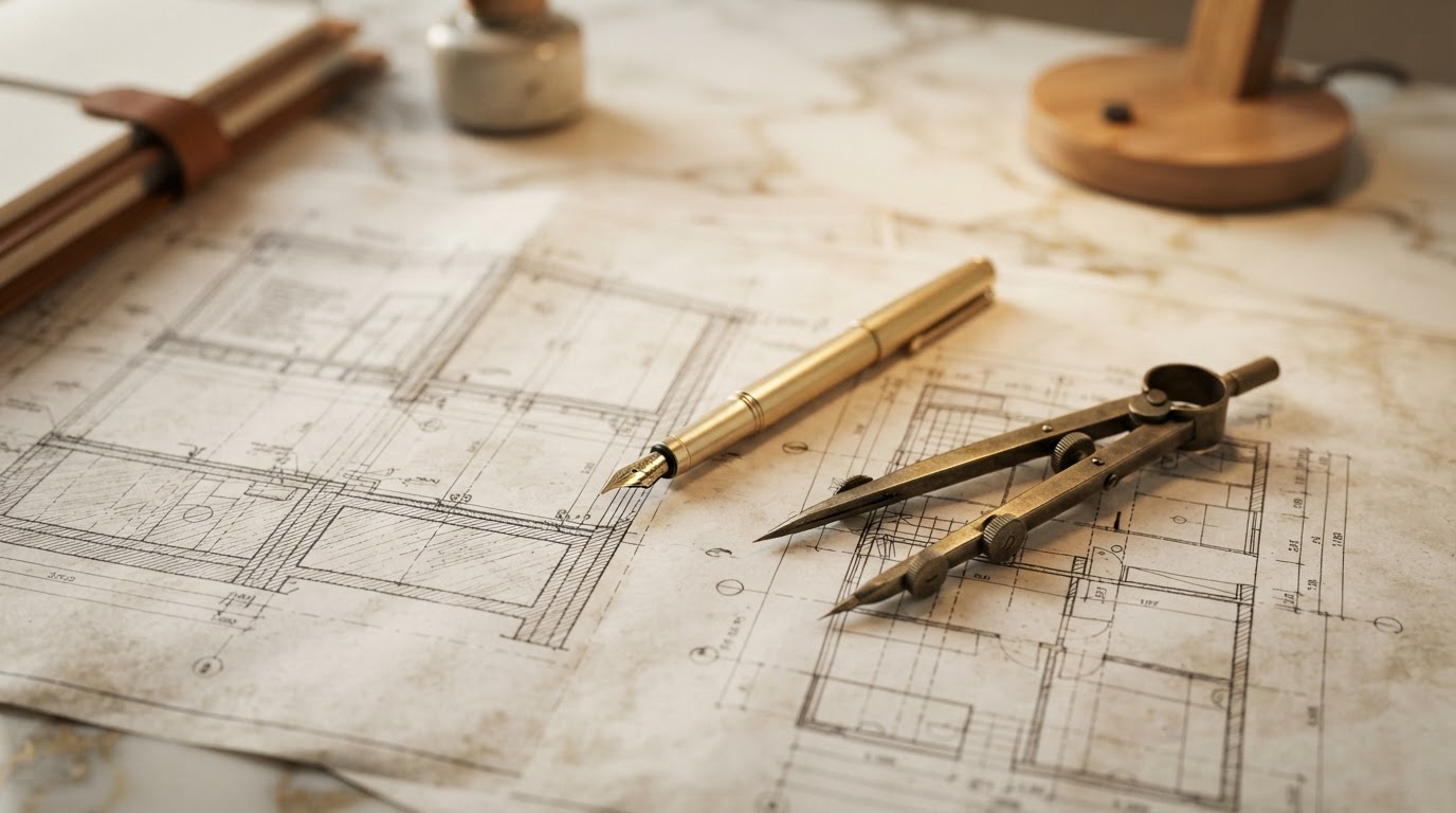 Architectural blueprints and premium materials on a marble desk with a fountain pen