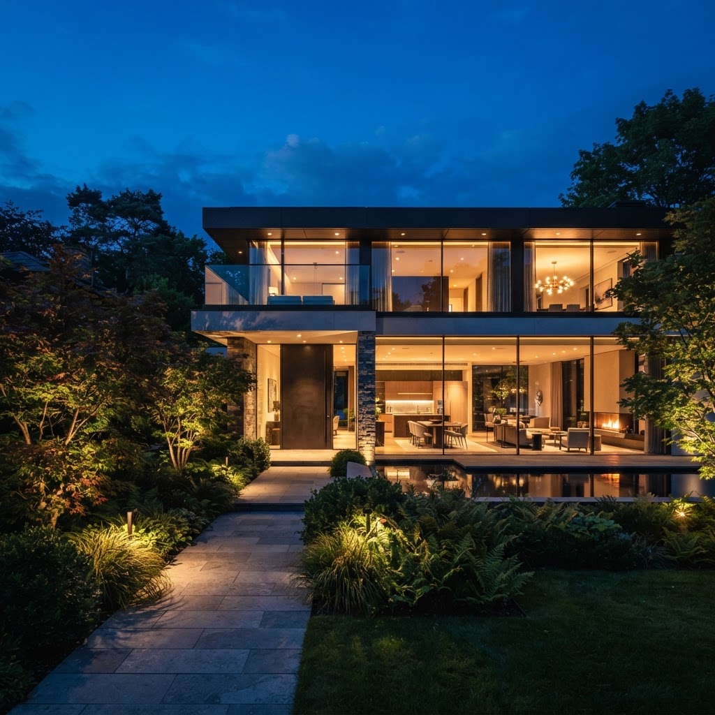 Luxury modern home exterior at twilight with warm interior lights glowing through glass