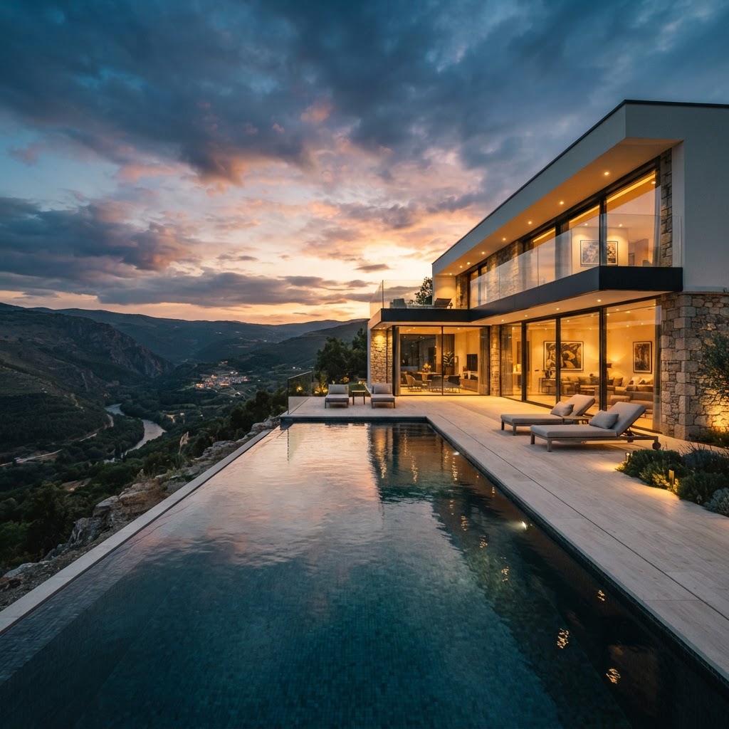 Modern luxury villa with infinity pool overlooking a valley at dusk